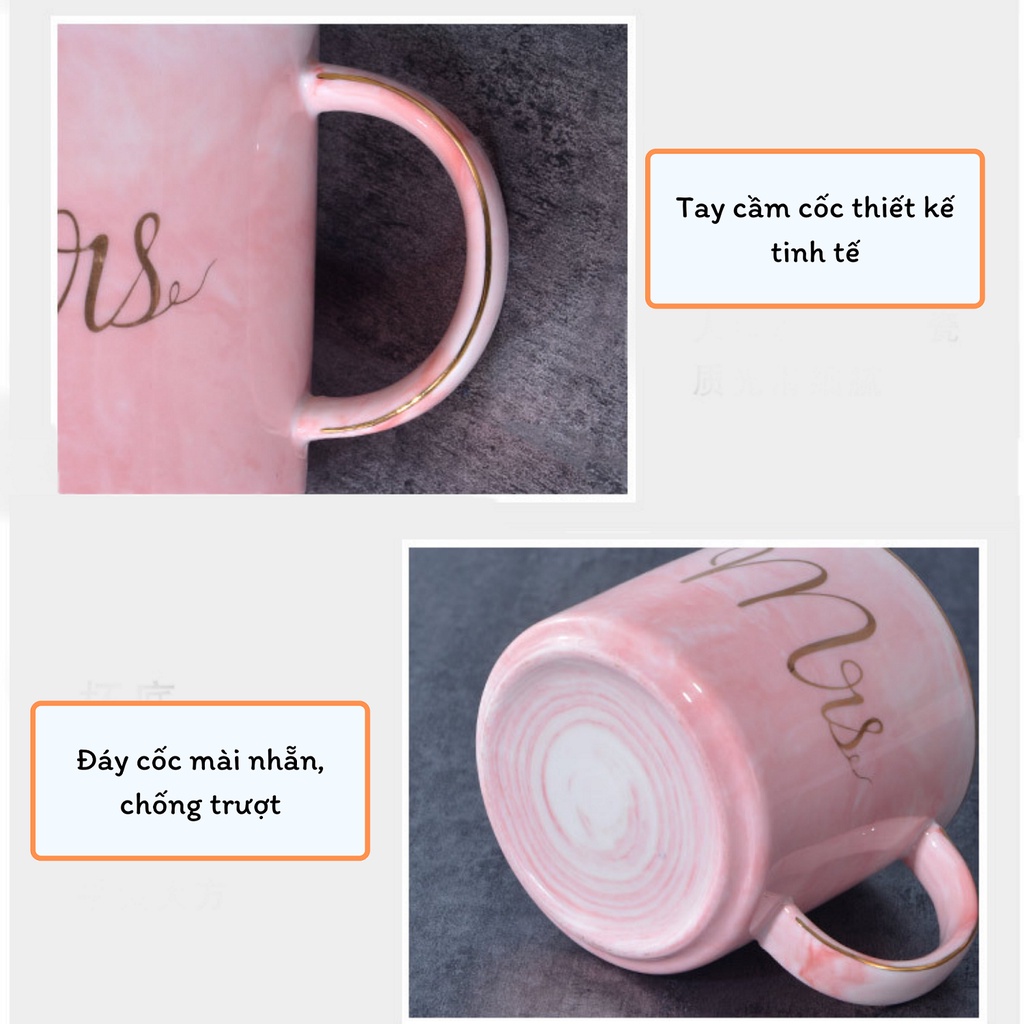 Ly cốc sứ cặp đôi 360ml quà tặng ý nghĩa, cốc uống nước kèm thìa cao cấp
