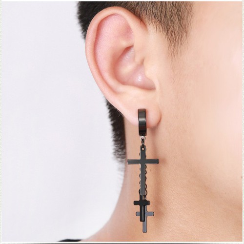 Bông Tai Nam Loại Kẹp Ko Cần Bấm Lỗ Tai Hình Thánh Giá Titan Không Đen TT 2442 - 1 Cái
