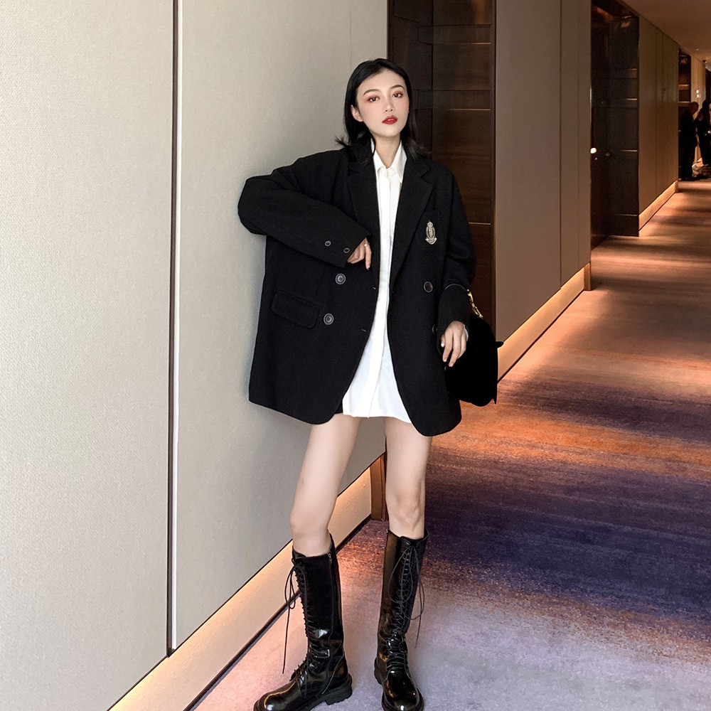 Áo Khoác Len Dáng Rộng Màu Đen Phong Cách Retro | BigBuy360 - bigbuy360.vn