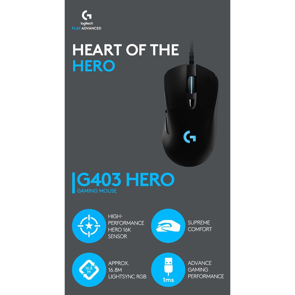 Chuột Logitech G403 Hero game có dây RGB - cảm biến 25k, công thái học, nhẹ 87g