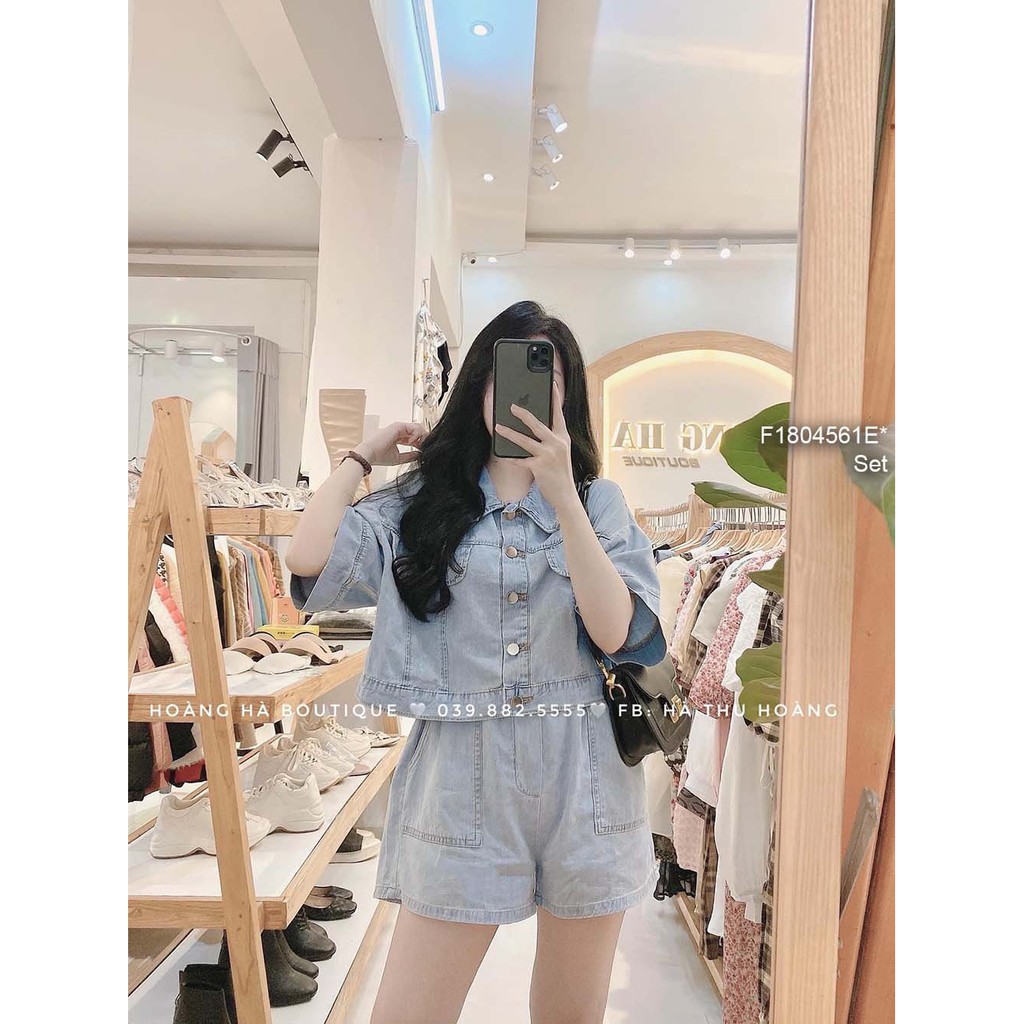 Set jean áo nút croptop cổ bẻ tay ngắn phối quần short