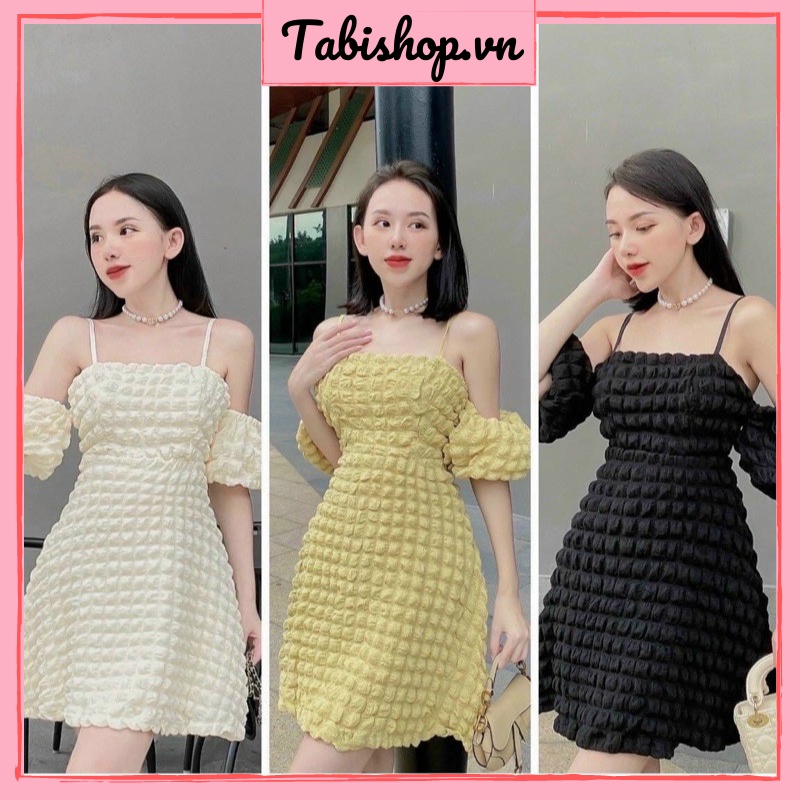 Đầm trễ vai tay phồng TABISHOP Váy 2 dây xinh xắn vải xốp ô cao cấp đi dự tiệc đi dạo