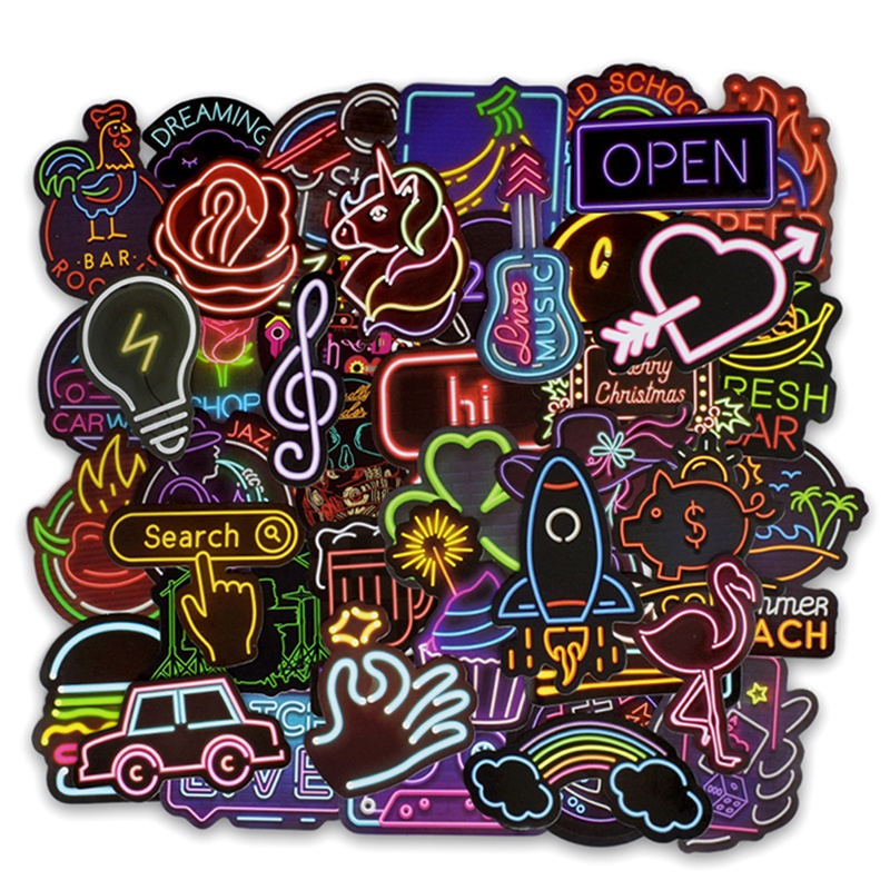 Set 50 Miếng Dán neon Họa Tiết Dễ Thương Trang Trí Vali / laptop /