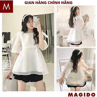 Áo babydoll nữ voan tơ 2 lớp nơ vai kiểu dáng hàn quốc ulzzang tiểu thư bánh bèo dễ thương -MAGIDO