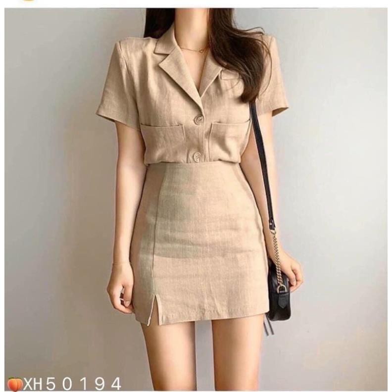 Set Đũi Áo Giả Vest Tay Ngắn Cổ Sơ Mi Chân Váy Ôm Công Sở Thanh Lịch Trắng Đen Nude DRSET08 Mys hitshop | BigBuy360 - bigbuy360.vn