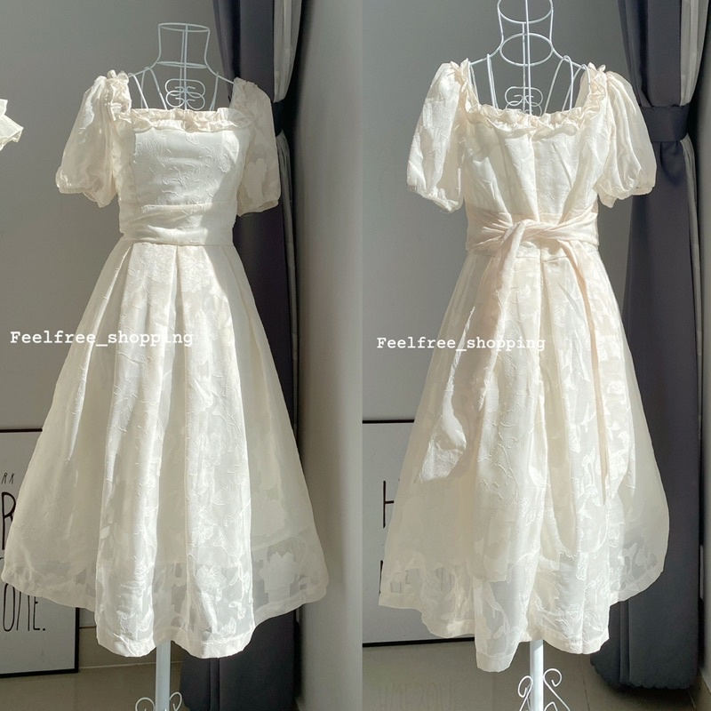 Đầm Be Hoa Nổi Dáng Dài Cổ Vuông Hai Lớp Kèm Dây Thắt Eo Mặc Đi Chơi, Biển (Hình Thật) D2406