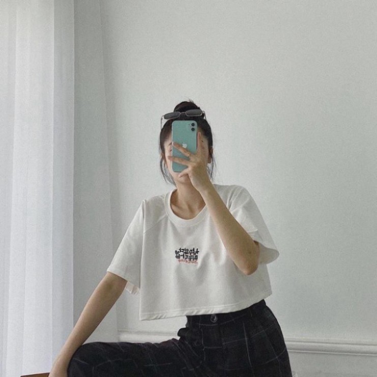 Áo croptop form rộng tay lỡ thêu chữ Hàn Quốc kiểu dáng ullzang RUBY UNISEX