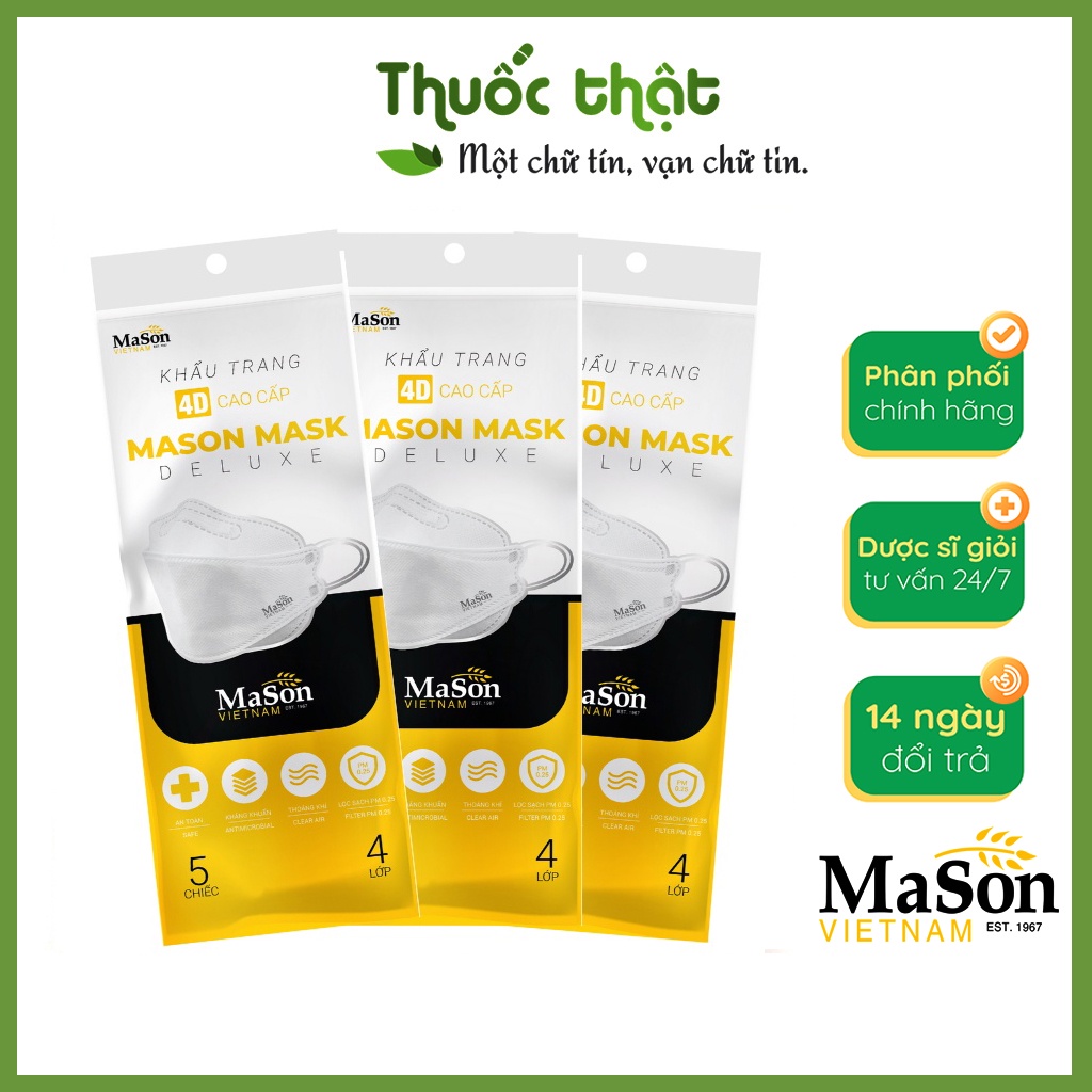 [HB Gift] Khẩu Trang 4D Mason Mask Cao Cấp Lọc Bụi Mịn, Kháng Khuẩn 4 Lớp - Gói 5 Chiếc