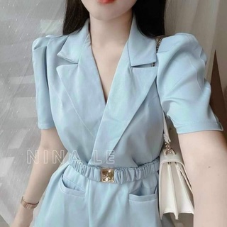 Set vest xanh chun eo chân váy xòe
