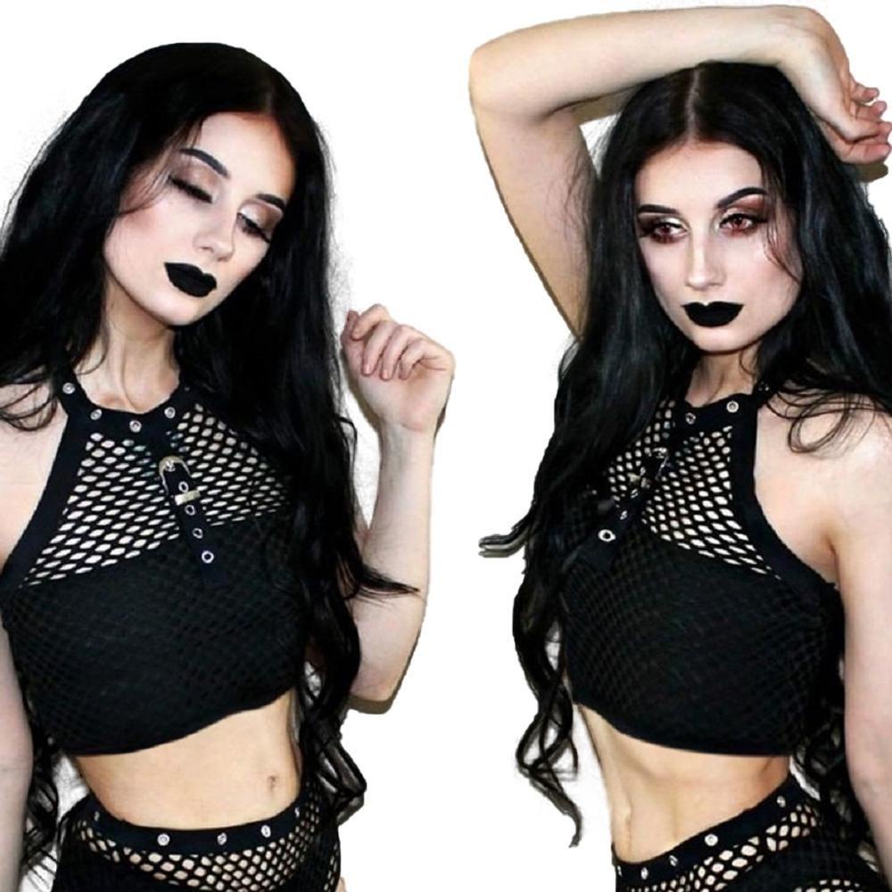 Áo hai dây Lưới Không Tay Có Khóa Cài Phong Cách Gothic Quyến Rũ Dành Cho Nữ