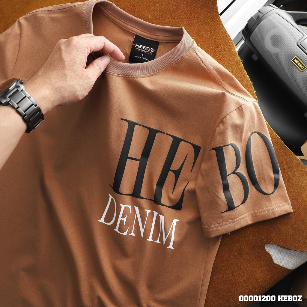 Áo thun nam Heboz in chữ denim 3M, cotton 4 chiều cao giãn, thoáng mát - 00001200