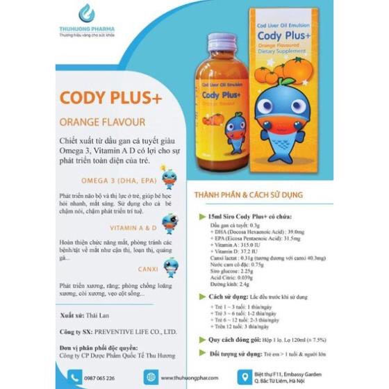 (CHÍNH HÃNG + QUÀ TẶNG) Cody Plus Bổ Sung DHA, EPA, Vitamin A, D Giúp Bé Phát Triển Não Bộ, Thông Minh, Mắt Sáng - 120ml