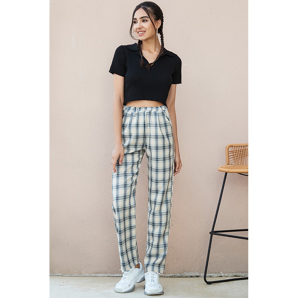 Quần dài Lovito L02064 lưng cao họa tiết sọc caro màu xanh dương thời trang cho nữ