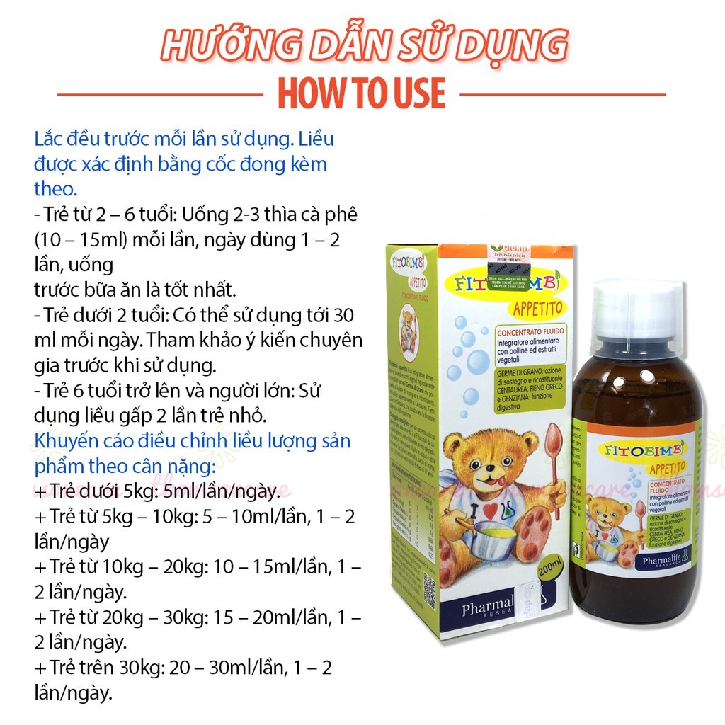 Siro ăn ngon tăng sức đề kháng chiều cao fitobimbi APPETITO BIMBI 200ml nhập khẩu Italia DLP01