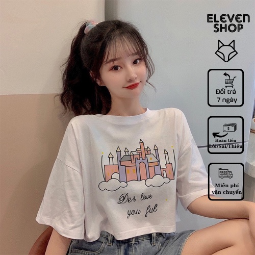 Áo thun nữ Croptop in hình lâu đài, form rộng, vải cotton dày dặn co giãn 4 chiều, thấm hút mồ hôi siêu mát