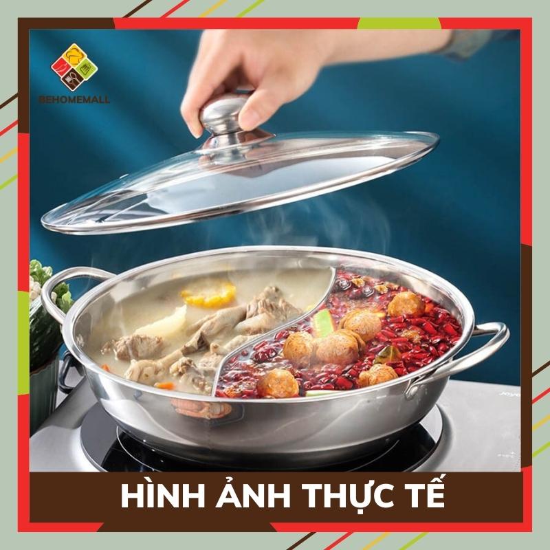 Bộ nồi lẩu 2 ngăn BEHOMEMALL inox 201 kèm bộ bát đũa và muôi múc cao cấp