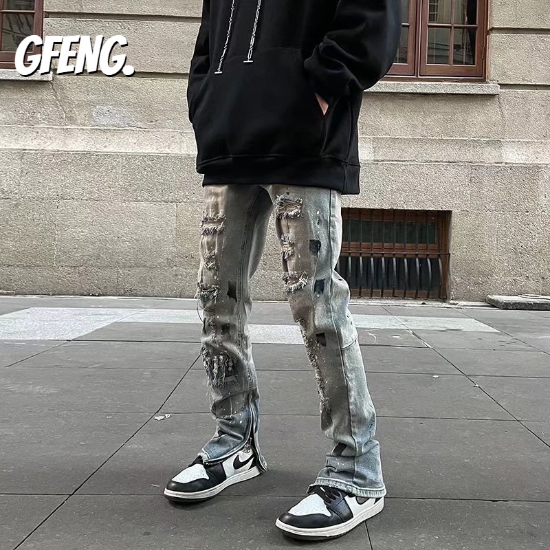 Châu Âu và Mỹ lỗ đường cao được giặt và quần jean cũ xẻ tà của nam giới thương hiệu hip-hop quần ống rộng ống nhỏ thẳng