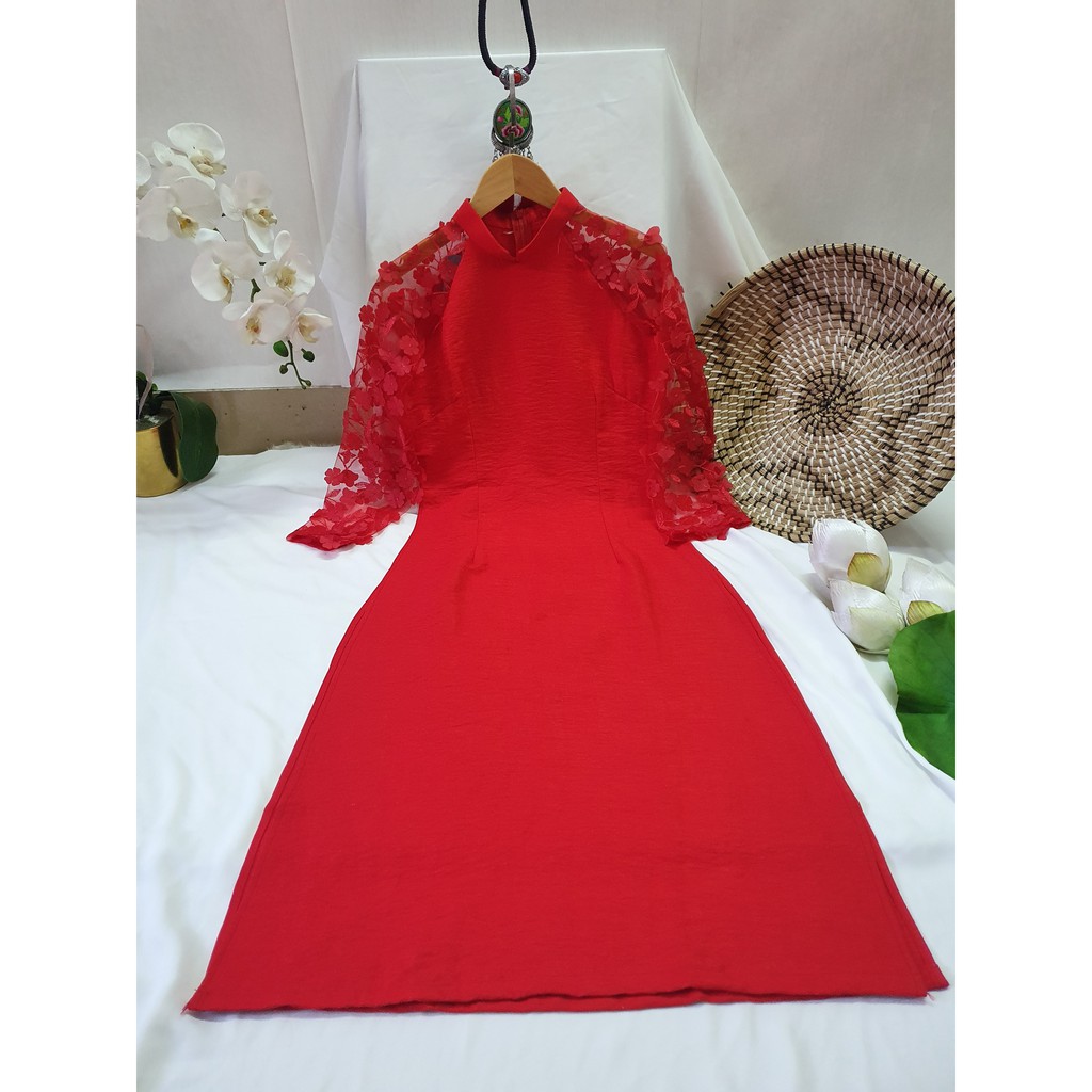 Áo dài nữ 🎀FREESHIP🎀 Áo dài cách tân tay hoa nổi kèm chân váy [ao dai dep]