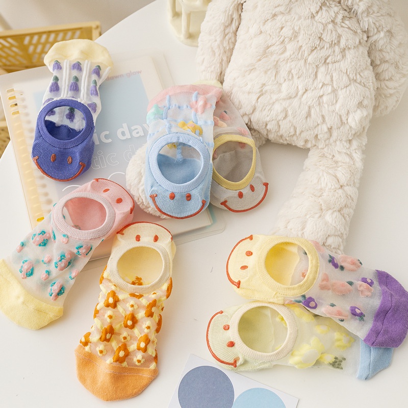 Vớ WAFNHA D225 phối vải lụa xuyên thấu thoáng khí họa tiết mặt cười thời trang đáng yêu