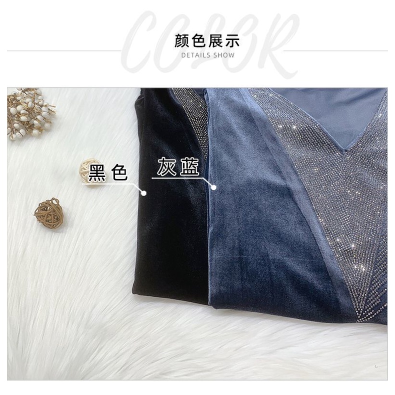 Áo nhung tay phồng cổ chữ V đính đá phong cách Châu Âu 2020