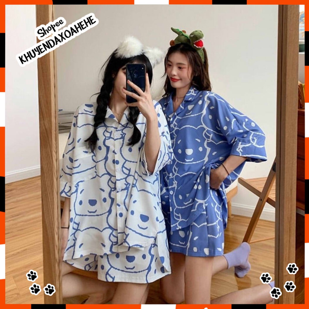 SUSQ1 Đồ bộ Pijama nam nữ ngủ mặc nhà gấu xanh trắng cộc tay cute  Quần sooc đùi short ngắn áo cổ vest form rộng unisex