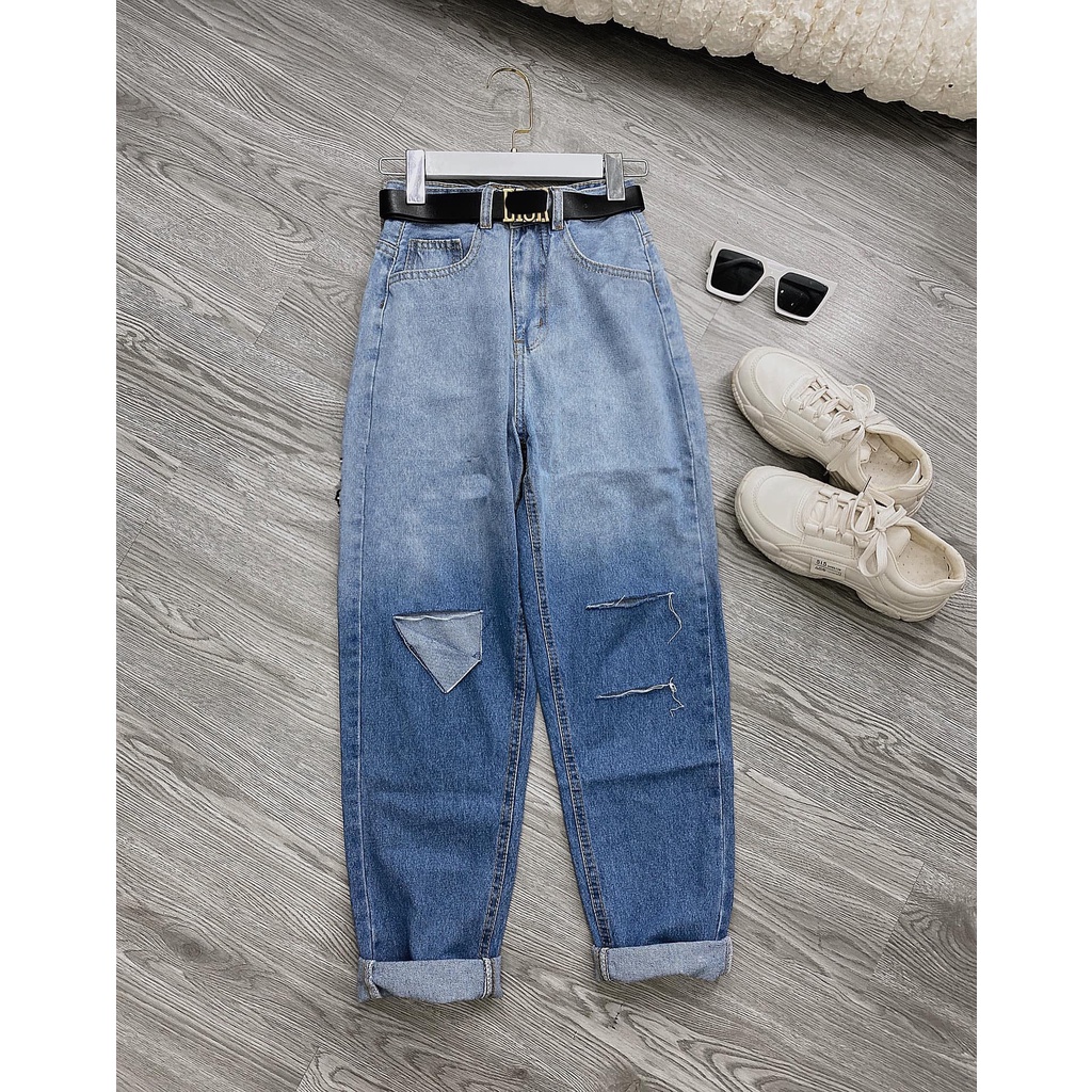 [ ONG CHĂM CHỈ ] QUẦN BAGGY JEAN NỮ LƯNG CAO LOANG MÀU XANH ĐẬM RÁCH 1 VẠT PHẢI 2 SỌC TRÁI CAO CẤP NITI BÁ ĐẠO