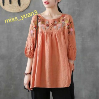 Chất Lượng Tốt Retro Thời Gian Thêu Cổ Tròn Nửa Tay Áo Thun Nữ Rời Áo Sơ Mi Cho Bé Mùa Hè Giữa Tay Cotton Top