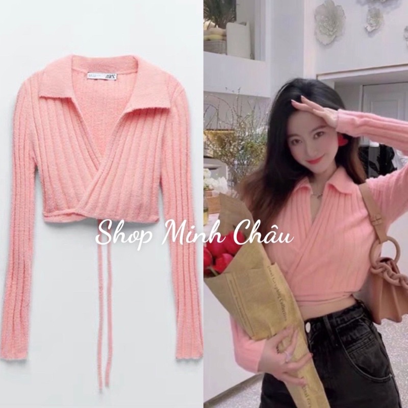 (Sẵn) Áo len tăm croptop vạt chéo Zarrrraa