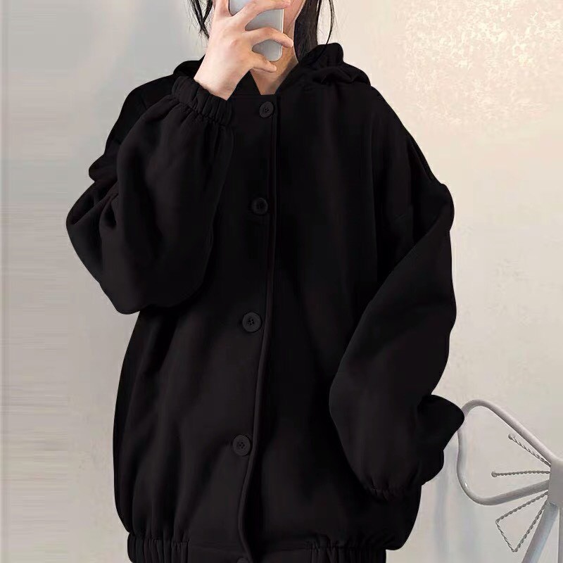 Áo khoác hoodie nam nữ nút to ulzang nỉ bông mũ điệu 2 màu