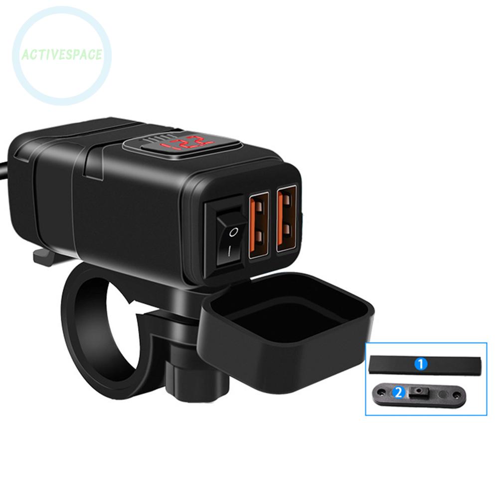 Waterproof Motorcycle QC 3.0 Dual USB Quick Charger Adapter w/ Red LED Voltmeter