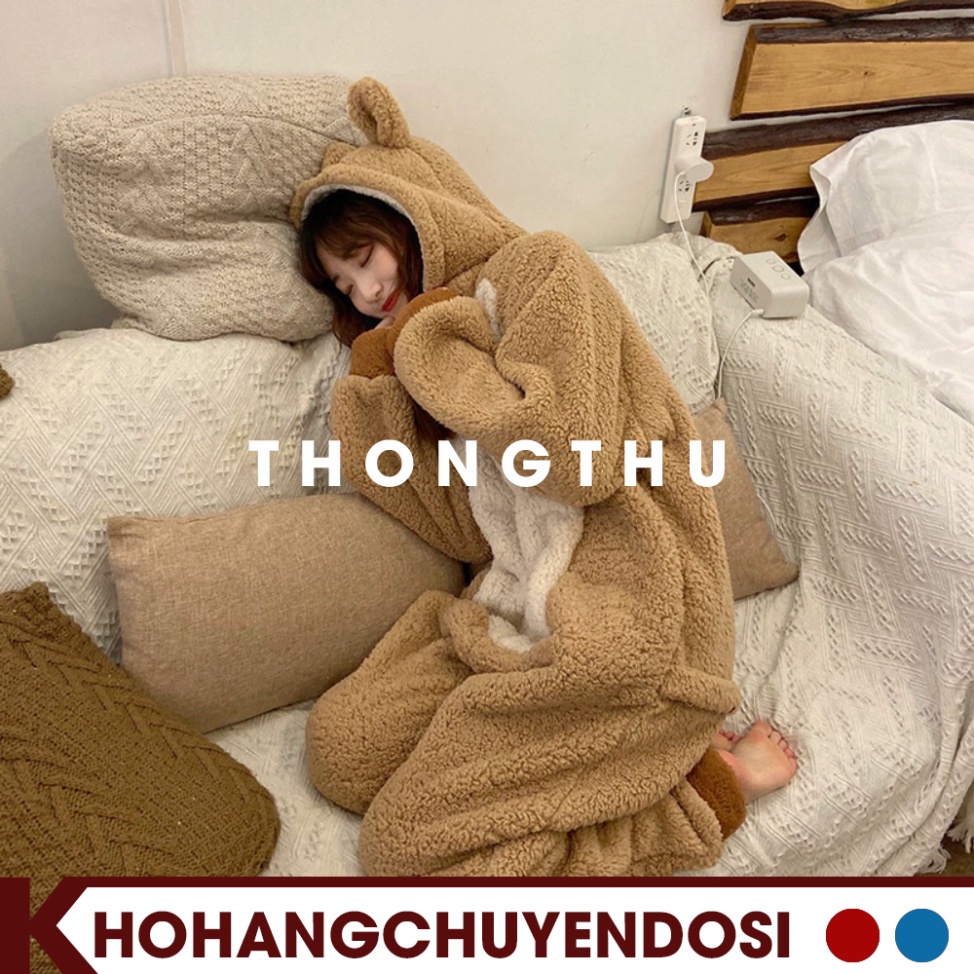 Bộ ngủ lông gấu màu nâu, bộ gấu liền thân thêu hình đẹp cho nữ siêu ấm, đồ ngủ mùa đông lông cừu giữ nhiệt tốt-THONGTHU | BigBuy360 - bigbuy360.vn