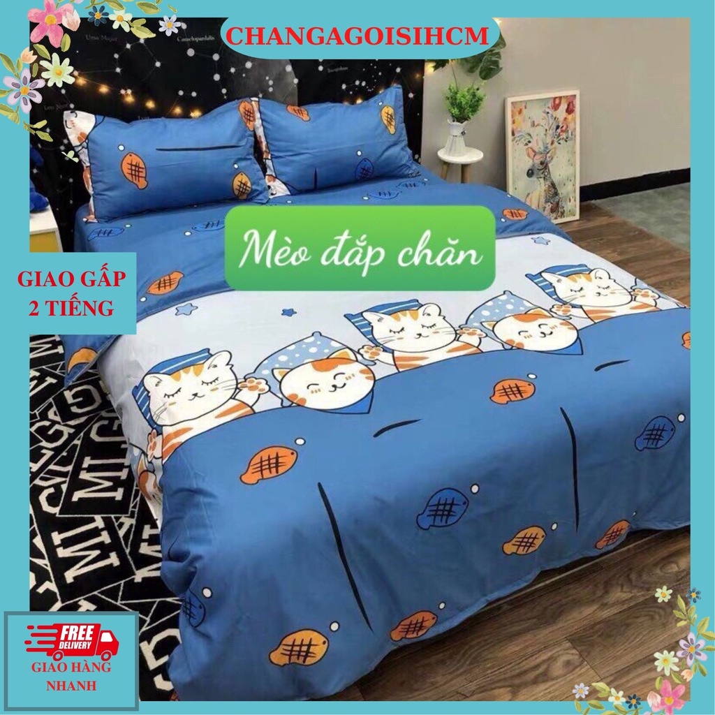 Ga trải giường mẫu Mèo Đắp Chăn, drap trải giường mẫu Mèo Chăn kích thước 1M,1m2x2m, chăn ga gối sỉ HCM có bọc chun.