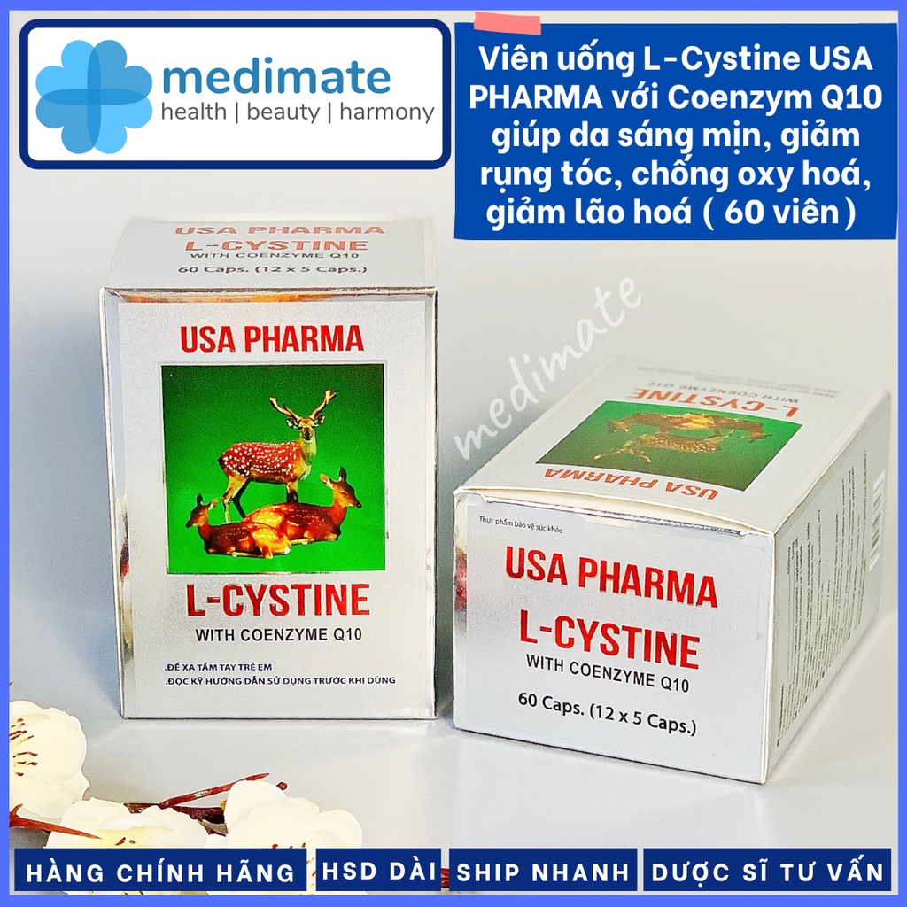 Viên uống L Cystine USA Pharma giúp giảm rụng tóc, da sáng mịn, ngăn lão hóa (Hộp 60 viên)