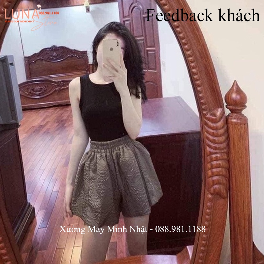 Quần đùi nữ ống rộng cạp chun lưng thun cao co giãn màu Đen Trắng - Quần xốp phồng nữ in hoa nổi dập ly 3D đi biển ở nhà