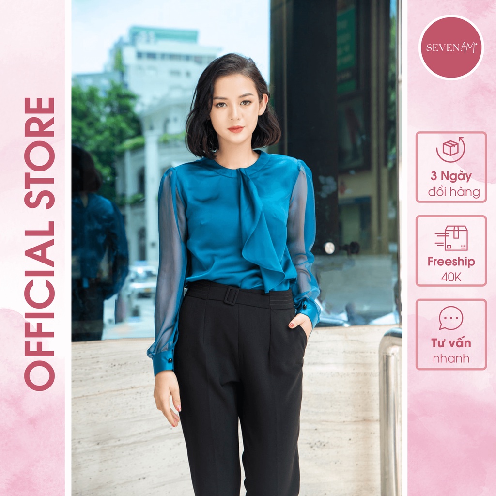 Sơ mi chui tay dài Lụa xanh nơ cổ SEVEN AM FH101056