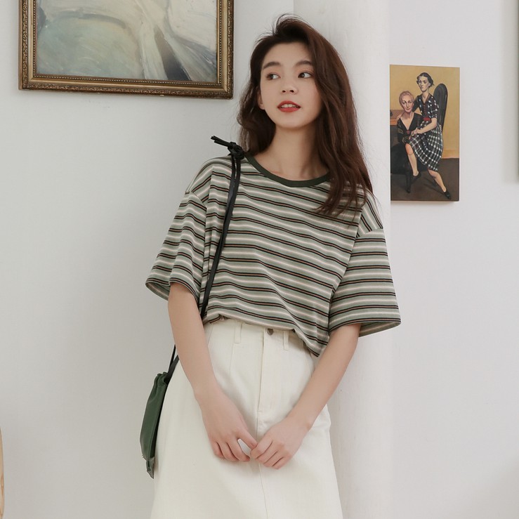 Women's Fashion Summer Casual T Shirt Short Sleeve O-Neck Korean Style Striped Loose Tee