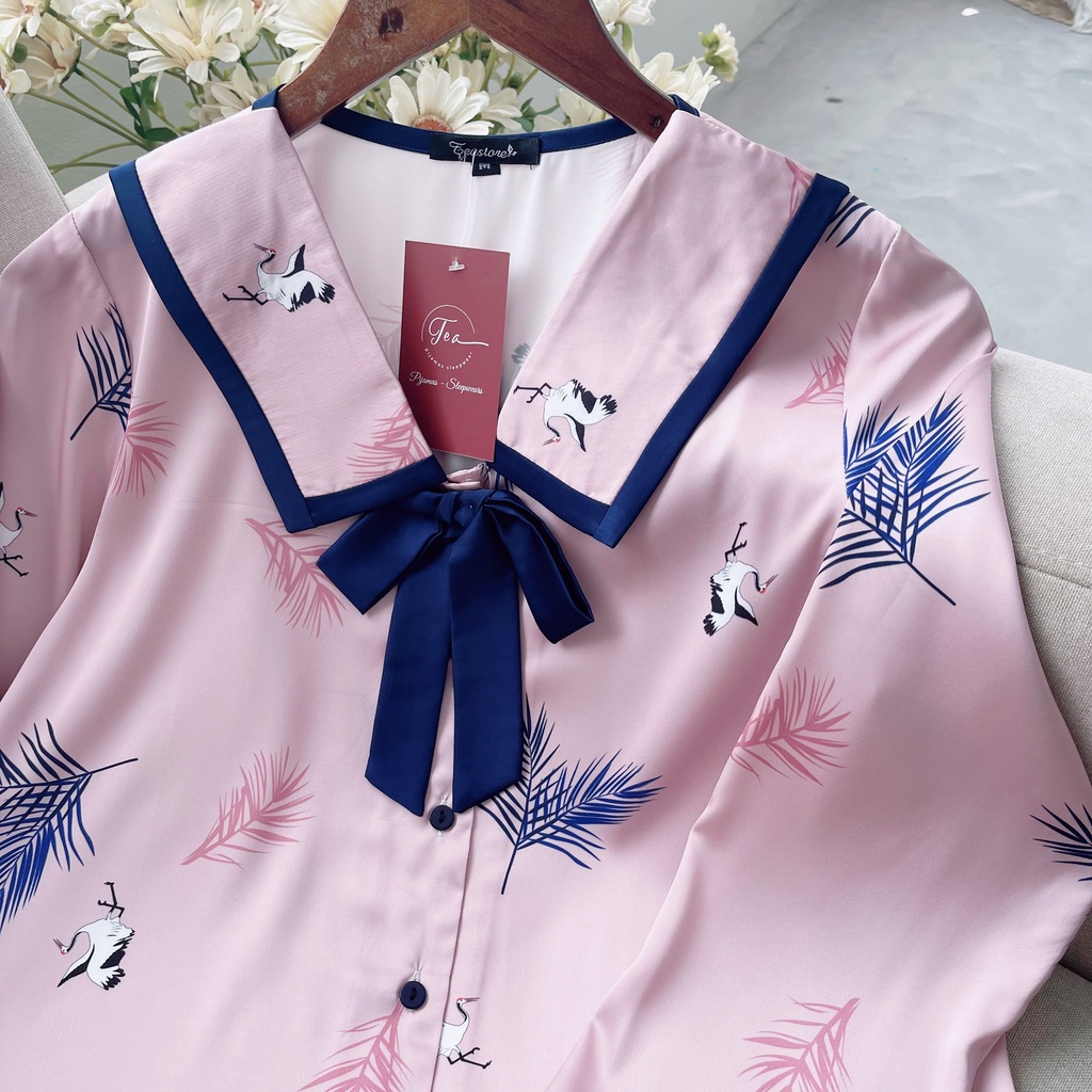 Bộ Mặc Nhà Pyjama Lụa Cao Cấp Tea Store Tay Dài Quần Dài Họa Tiết Nơ Cổ Xinh Xăn | BigBuy360 - bigbuy360.vn