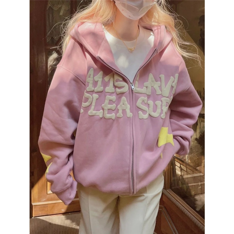 Áo Khoác Hoodie Mỏng Dáng Rộng Màu Hồng Phong Cách Hip Hop Mỹ Thời Trang Xuân Thu Cho Nữ