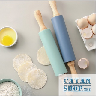 Dụng cụ lăn bột, cây cán bột bằng silicon tay cầm gỗ dài 30cm, dụng cụ làm bánh chống dính cao cấp GD533-LanBot-30cm