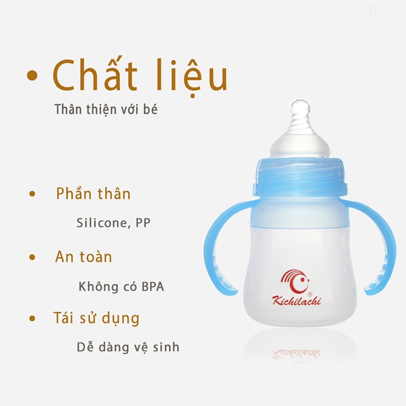 Bình Sữa Tráng Bạc Silicone Cổ Rộng Kichilachi Có Van Chống Sặc Siêu Mềm 150ml [ KÈM NÚM TI ]