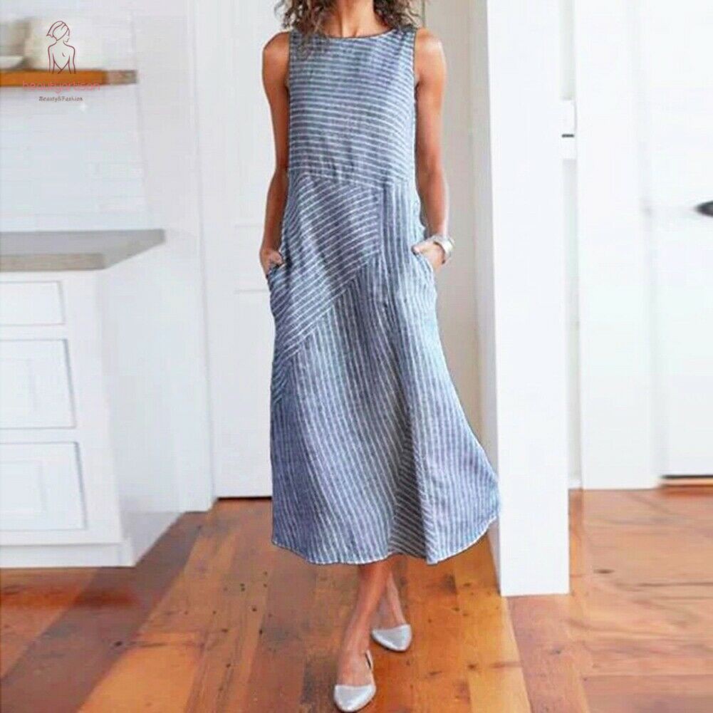 Đầm Maxi Sát Nách Chất Cotton Hoạ Tiết Kẻ Sọc Cho Phái Nữ | BigBuy360 - bigbuy360.vn
