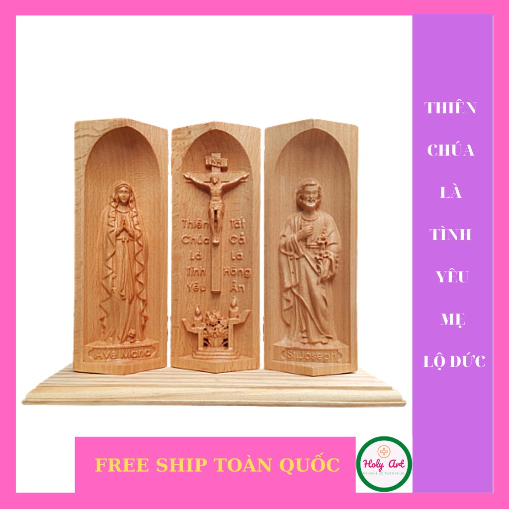 Tượng Mẹ Vô Nhiễm-Chúa-Thánh Giuse bằng gỗ  15x7cm. Tượng làm quà tặng, tuyên xưng, mang theo mình cầu nguyện