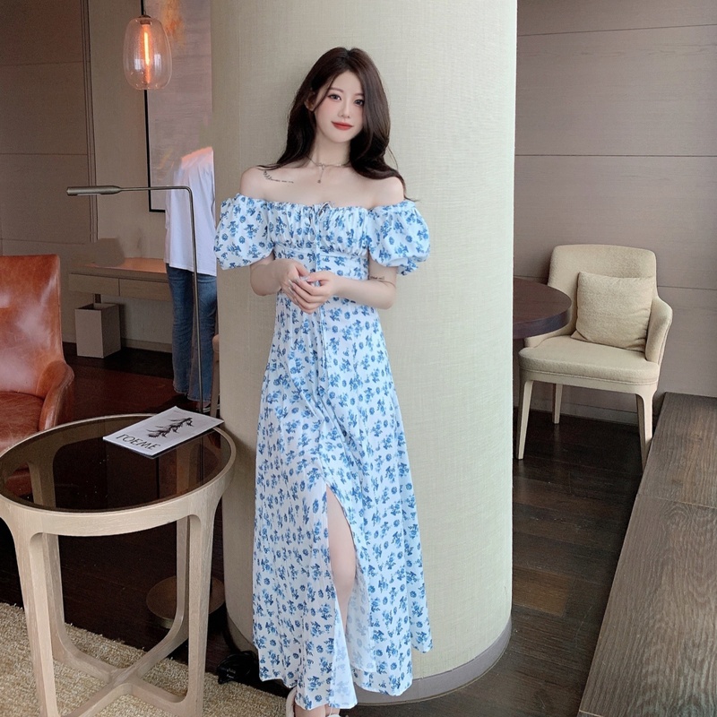 Đầm PERTY trễ vai tay phồng họa tiết hoa phong cách Pháp thời trang mùa hè cho nữ