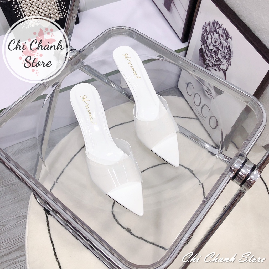 Guốc Cao Gót 7p Quai Trong Mềm Chất Da Bóng Sang Mịn Êm Chân Lên Chân Tôn Dáng Dép Cao Gót Màu Đen Trắng Chichanh store