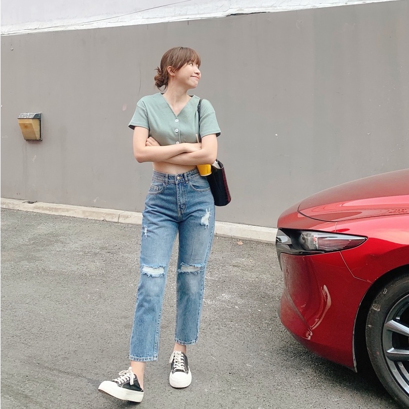 Quần jeans Nữ Lưng Cao Dáng Baggy Fit Kiểu Rách Gối LDR-102 | BigBuy360 - bigbuy360.vn