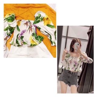 [HÀNG MỸ] Áo croptop INDEFEIR babydoll trắng tay phồng dúng ngực trễ vai hoa lá