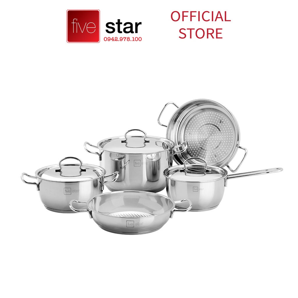 Bộ Nồi 3 Đáy Inox 430 Fivestar Standard nắp kính/ nắp inox (1 Quánh 18cm, 2 Nồi 20cm-24cm, 1 Chảo 24cm và 1 Xửng 24cm)