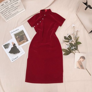 Váy Sườn Xám Body Áo Dài Cách Tân Nhung Đỏ Cúc Ngọc SS032