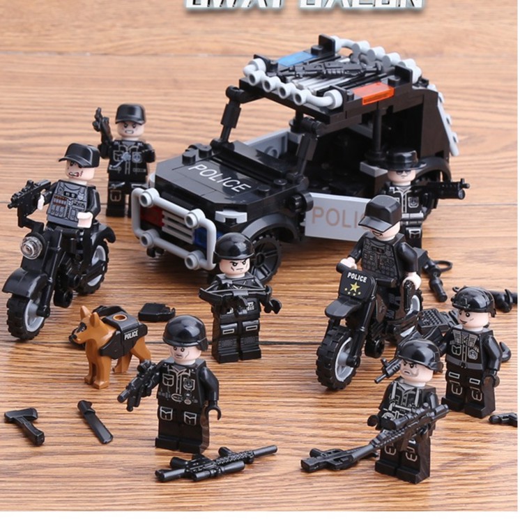 Đồ chơi lắp ráp xếp hình logo Army Swat xếp hình Xe Jeep cùng 8 nhân vật police và phụ kiện như hình JY112