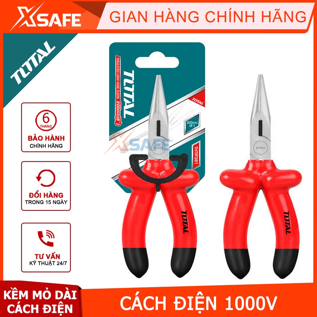 Kìm mỏ nhọn dài cách điện 1000V TOTAL THTIP381 8inch Kềm cách điện chất liệu thép CR-V siêu bền cứng cắt tuốt dây điện